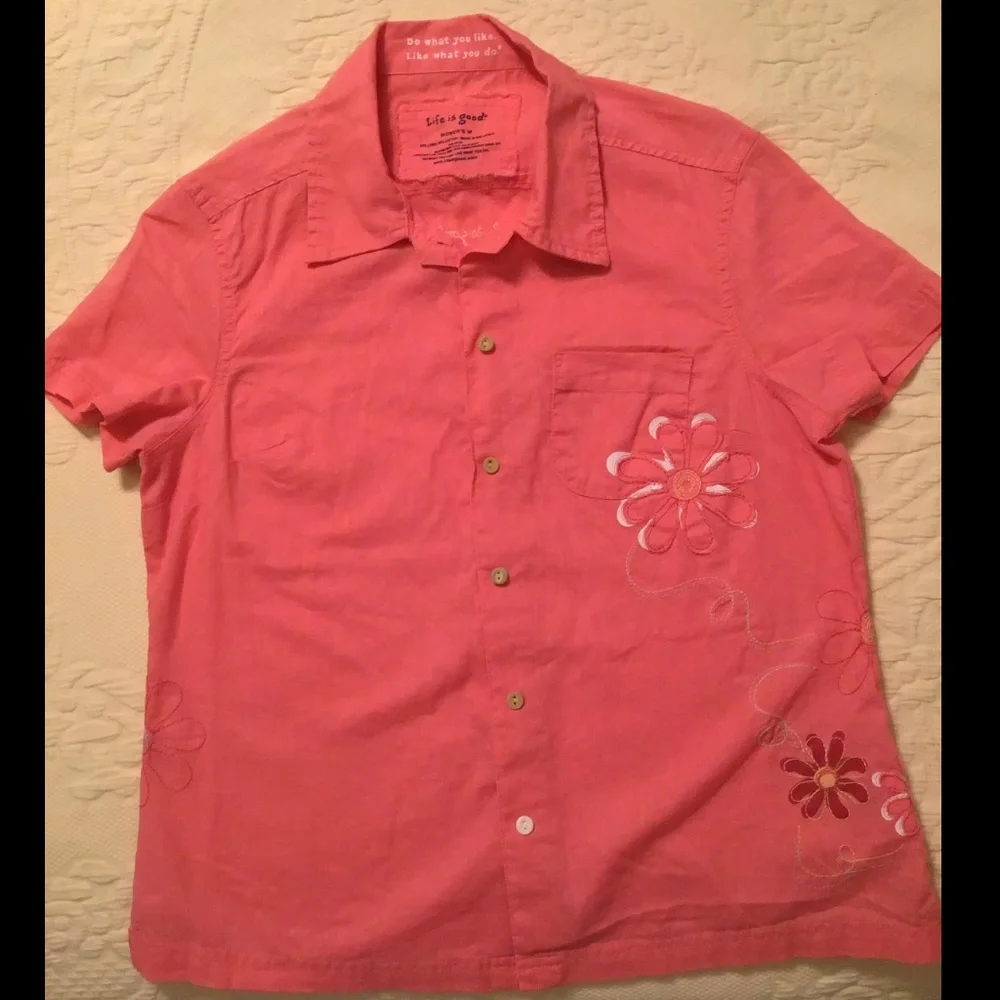 Life is Good Linen Cotton Blend Carnation Pink Button Front Short Sleeve Shirt - Picture 3 of 12
